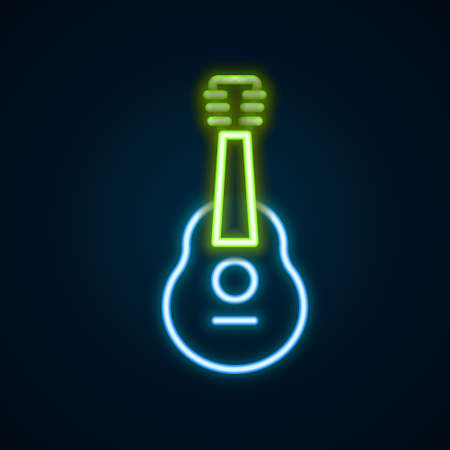 Glowing neon line Guitar icon isolated on black background. Acoustic guitar. String musical instrument. Colorful outline concept. Vectorのイラスト素材