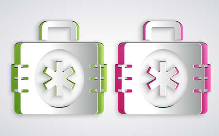 Paper cut First aid kit icon isolated on grey background. Medical box with cross. Medical equipment for emergency. Healthcare concept. Paper art style. Vectorのイラスト素材