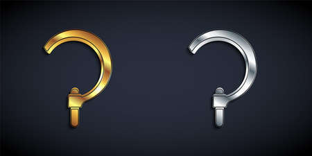 Gold and silver Sickle icon isolated on black background. Reaping hook sign. Long shadow style. Vectorのイラスト素材