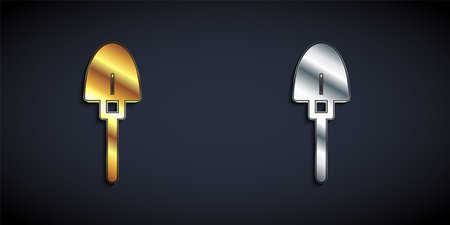 Gold and silver Shovel icon isolated on black background. Gardening tool. Tool for horticulture, agriculture, farming. Long shadow style. Vectorのイラスト素材