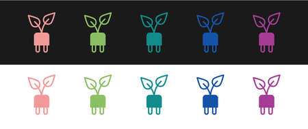 Set Electric saving plug in leaf icon isolated on black and white background. Save energy...