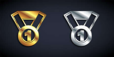 Gold and silver Medal icon isolated on black background. Winner symbol. Long shadow style. Vectorのイラスト素材