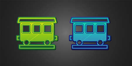 Green and blue Passenger train cars icon isolated on black background. Railway carriage. Vectorのイラスト素材