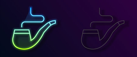 Glowing neon line Smoking pipe with smoke icon isolated on black background. Tobacco pipe. Vectorのイラスト素材