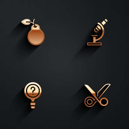 Set Pear, Microscope, Unknown search and Scissors icon with long shadow. Vectorのイラスト素材