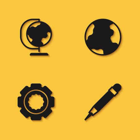 Set Earth globe, Pencil with eraser, Gear and icon with long shadow. Vectorのイラスト素材