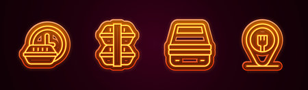 Set line Round the clock delivery, Lunch box, and Cafe and restaurant location. Glowing neon icon. Vectorのイラスト素材