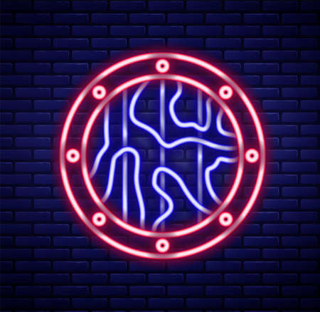 Glowing neon line Round wooden shield icon isolated on brick wall background. Security, safety, protection, privacy, guard concept. Colorful outline concept. Vectorのイラスト素材