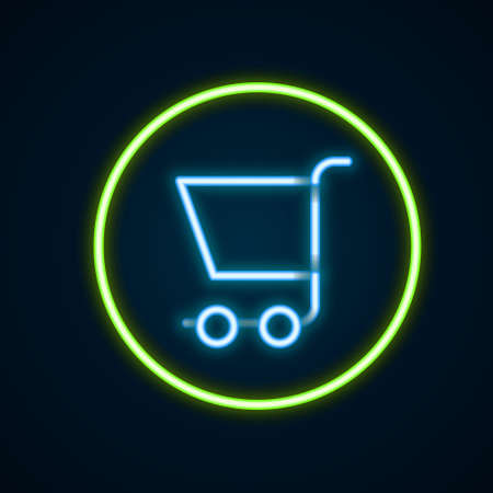 Glowing neon line Shopping cart icon isolated on black background. Online buying concept. Delivery service sign. Supermarket basket symbol. Colorful outline concept. Vectorのイラスト素材