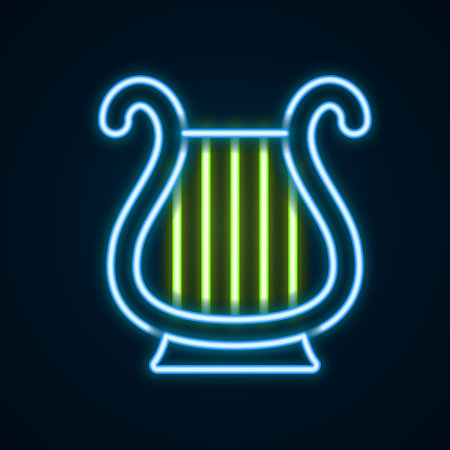 Glowing neon line Ancient Greek lyre icon isolated on black background. Classical music instrument, orhestra string acoustic element. Colorful outline concept. Vectorのイラスト素材