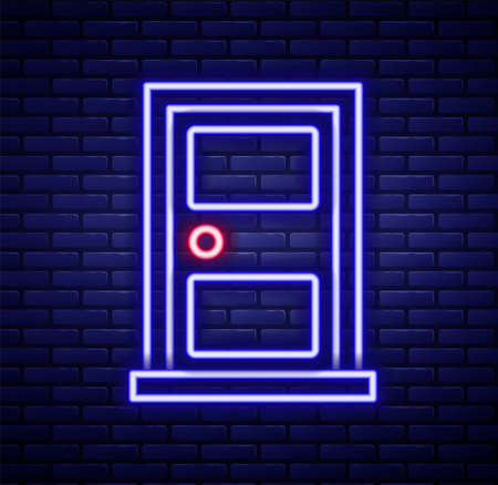 Glowing neon line Closed door icon isolated on brick wall background. Colorful outline concept. Vectorのイラスト素材