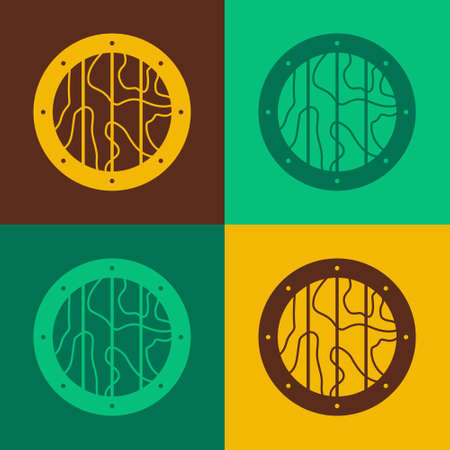 Pop art Round wooden shield icon isolated on color background. Security, safety, protection, privacy, guard concept. Vectorのイラスト素材