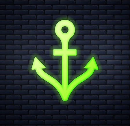Glowing neon Anchor icon isolated on brick wall background. Vectorのイラスト素材