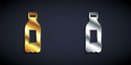 Gold and silver Bottle of water icon isolated on black background. Soda aqua drink sign. Long shadow style. Vectorのイラスト素材