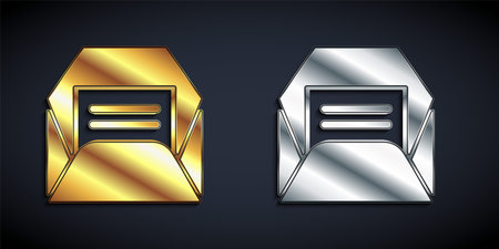 Gold and silver Envelope icon isolated on black background. Received message concept. New, email incoming message, sms. Mail delivery service. Long shadow style. Vectorのイラスト素材