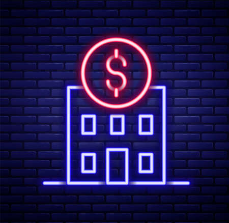 Glowing neon line Bank building icon isolated on brick wall background. Colorful outline concept. Vectorのイラスト素材