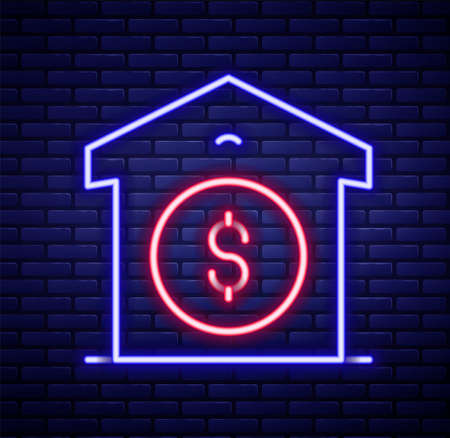 Glowing neon line Warehouse price icon isolated on brick wall background. Colorful outline concept. Vectorのイラスト素材