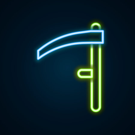 Glowing neon line Scythe icon isolated on black background. Happy Halloween party. Colorful outline concept. Vectorのイラスト素材