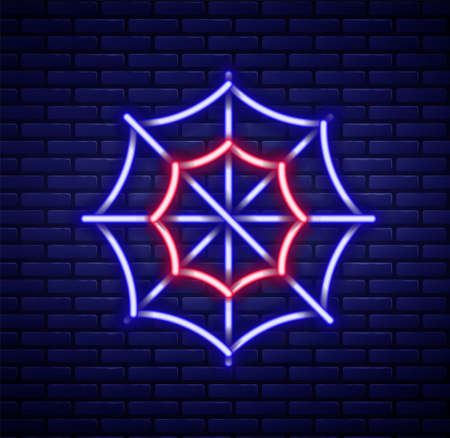 Glowing neon line Spider web icon isolated on brick wall background. Cobweb sign. Happy Halloween party. Colorful outline concept. Vectorのイラスト素材