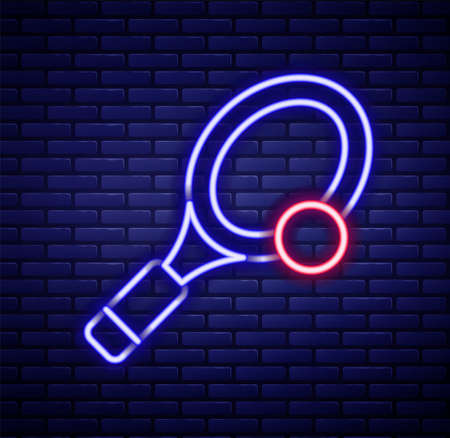 Glowing neon line Tennis racket with ball icon isolated on brick wall background. Sport equipment. Colorful outline concept. Vectorのイラスト素材