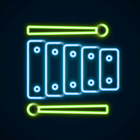 Glowing neon line Xylophone - musical instrument with thirteen wooden bars and two percussion mallets icon isolated on black background. Colorful outline concept. Vectorのイラスト素材