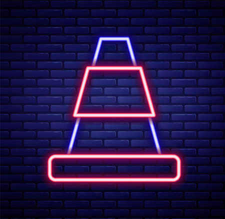 Glowing neon line Traffic cone icon isolated on brick wall background. Colorful outline concept. Vectorのイラスト素材