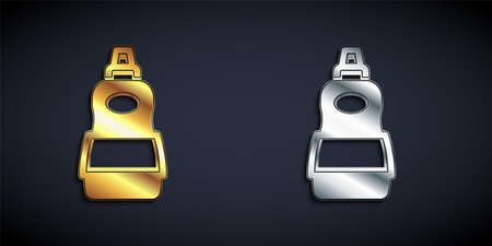 Gold and silver Dishwashing liquid bottle icon isolated on black background. Liquid detergent for washing dishes. Long shadow style. Vectorのイラスト素材