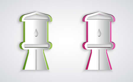 Paper cut Water tower icon isolated on grey background. Paper art style. Vectorのイラスト素材