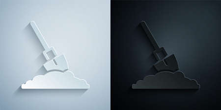 Paper cut Shovel in the ground icon isolated on grey and black background. Gardening tool. Tool for horticulture, agriculture, farming. Paper art style. Vectorのイラスト素材