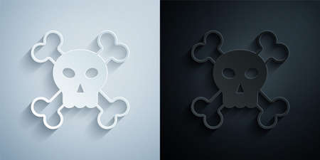 Paper cut Skull on crossbones icon isolated on grey and black background. Happy Halloween party. Paper art style. Vectorのイラスト素材