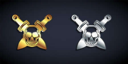 Gold and silver Crossed medieval sword with skull icon isolated on black background. Medieval weapon. Long shadow style. Vectorのイラスト素材