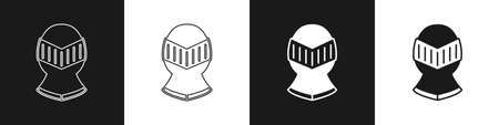 Set Medieval iron helmet for head protection icon isolated on black and white background. Knight helmet. Vectorのイラスト素材