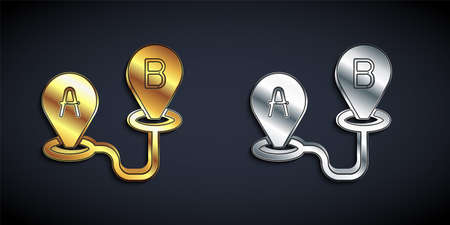 Gold and silver Route location icon isolated on black background. Map pointer sign. Concept of path or road. GPS navigator. Long shadow style. Vectorのイラスト素材