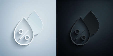 Paper cut Water drop percentage icon isolated on grey and black background. Humidity analysis. Paper art style. Vectorのイラスト素材
