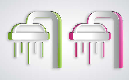 Paper cut Shower head with water drops flowing icon isolated on grey background. Paper art style. Vectorのイラスト素材