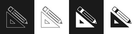 Set Triangular ruler and pencil icon isolated on black and white background. Straightedge symbol. Drawing and educational tools. Vectorのイラスト素材