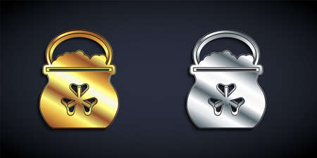 Gold and silver Pot of gold coins icon isolated on black background. Happy Saint Patricks day. National Irish holiday. Long shadow style. Vectorのイラスト素材
