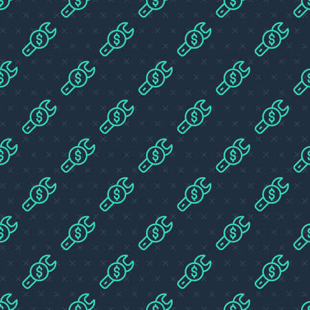 Green line Repair price icon isolated seamless pattern on blue background. Dollar and wrench. Vectorのイラスト素材