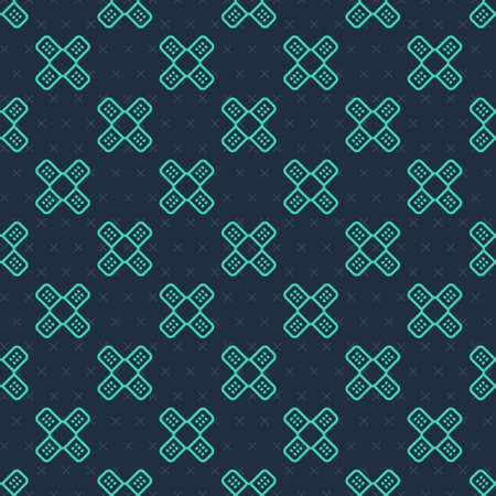 Green line Crossed bandage plaster icon isolated seamless pattern on blue background. Medical...