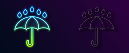 Glowing neon line Umbrella and rain drops icon isolated on black background. Waterproof icon. Protection, safety, security concept. Water resistant symbol. Vectorのイラスト素材