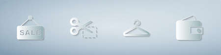 Set Hanging sign with text Sale, Scissors cuts discount coupon, Hanger wardrobe and Wallet. Paper art style. Vectorのイラスト素材