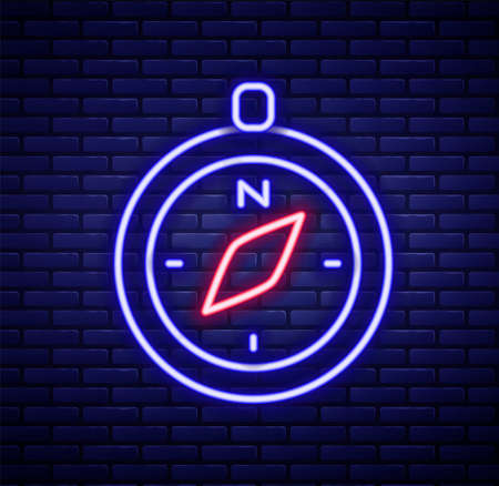 Glowing neon line Compass icon isolated on brick wall background. Windrose navigation symbol. Wind rose sign. Colorful outline concept. Vectorのイラスト素材