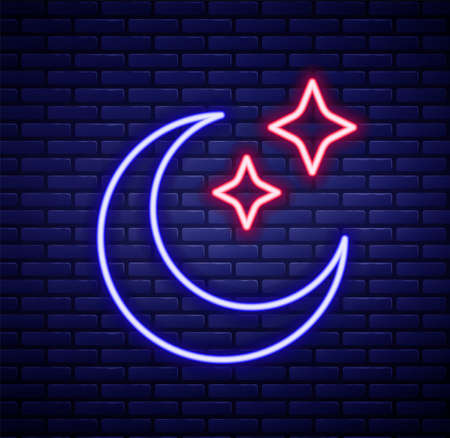 Glowing neon line Moon and stars icon isolated on brick wall background. Cloudy night sign. Sleep dreams symbol. Full moon. Night or bed time sign. Colorful outline concept. Vectorのイラスト素材