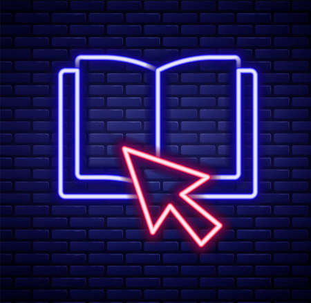 Glowing neon line Online book icon isolated on brick wall background. Internet education concept, e-learning resources, distant online courses. Colorful outline concept. Vectorのイラスト素材