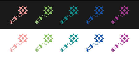 Set Medieval chained mace ball icon isolated on black and white background. Morgenstern medieval weapon or mace with spikes. Vectorのイラスト素材