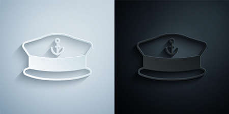 Paper cut Captain hat icon isolated on grey and black background. Paper art style. Vectorのイラスト素材