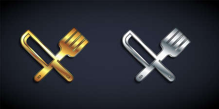 Gold and silver Crossed knife and fork icon isolated on black background. Cutlery symbol. Long shadow style. Vectorのイラスト素材