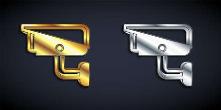 Gold and silver Security camera icon isolated on black background. Long shadow style. Vector