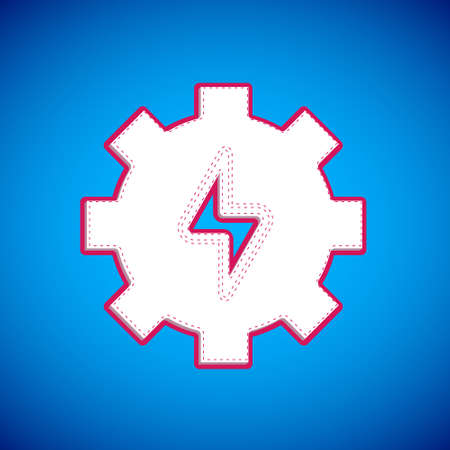 White Gear and lightning icon isolated on blue background. Electric power. Lightning bolt sign. Vectorのイラスト素材
