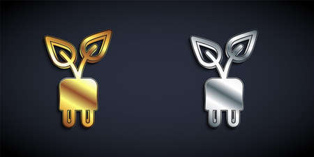 Gold and silver Electric saving plug in leaf icon isolated on black background. Save energy electricity. Environmental protection. Bio energy. Long shadow style. Vectorのイラスト素材